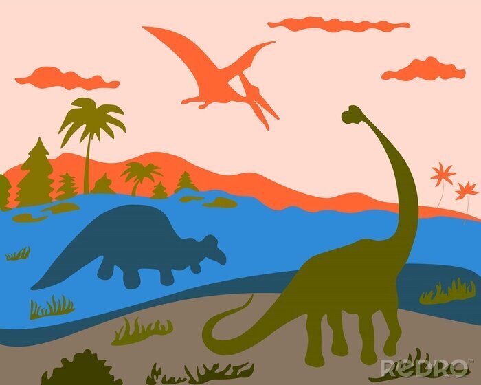 Poster Landschap met dinosaurussen en pterodactylus