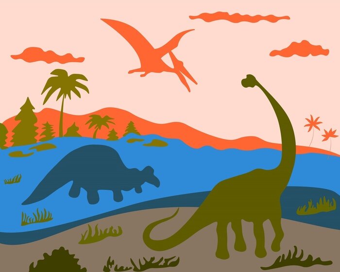 Poster Landschap met dinosaurussen en pterodactylus