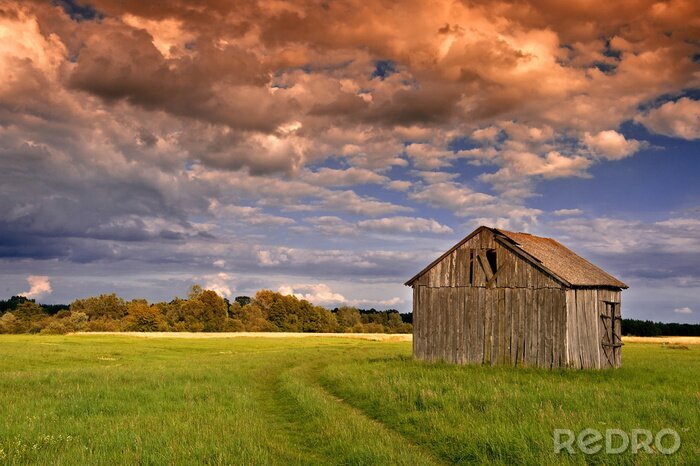 Poster Landschap met een houten schuur