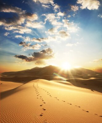 Landschap met voetafdrukken in de woestijn