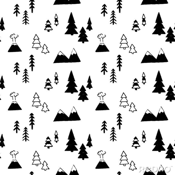 Poster Landschap tekenen - bergen en bos