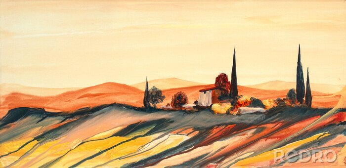 Poster Landschap van Toscane geschilderd met verf