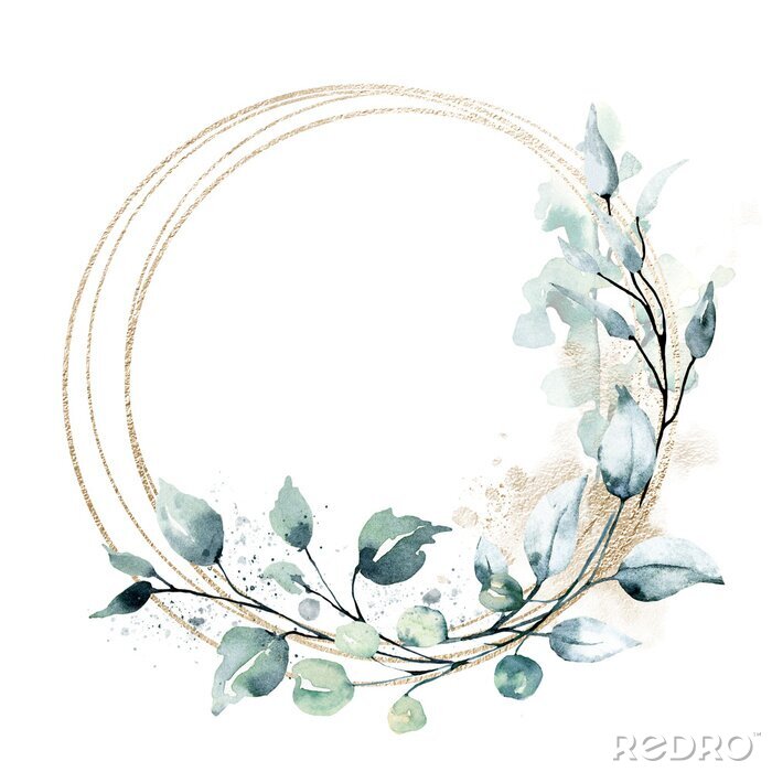 Poster Leaves gold frame wreath border. Watercolor hand painting floral geometric background. Leaf, plant, branch isolated on white background.