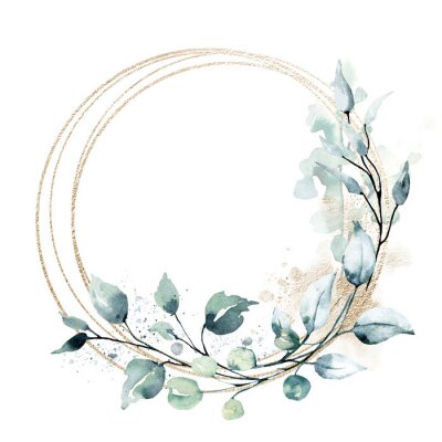 Sticker Leaves gold frame wreath border. Watercolor hand painting floral geometric background. Leaf, plant, branch isolated on white background.