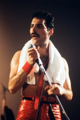 Poster LEIDEN, NEDERLAND - 27 november 1980: Freddy Mercury zanger van de Britse band Queen tijdens een concert in de Groenoordhallen in Leiden in Nederland