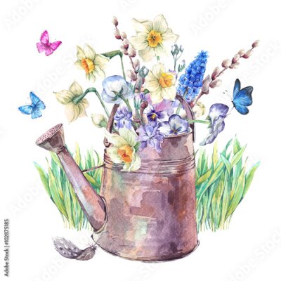 Poster Lente boeket met narcissen, viooltjes, muscari en vlinders