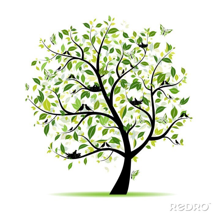 Poster Lente tree green met vogels voor uw ontwerp