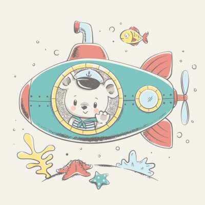 Leuk draag zeeman op een onderzeese beeldverhaalhand getrokken vectorillustratie. Kan worden gebruikt voor t-shirt afdrukken, kinderen dragen modeontwerp, baby shower viering groet en uitnodigingskaar