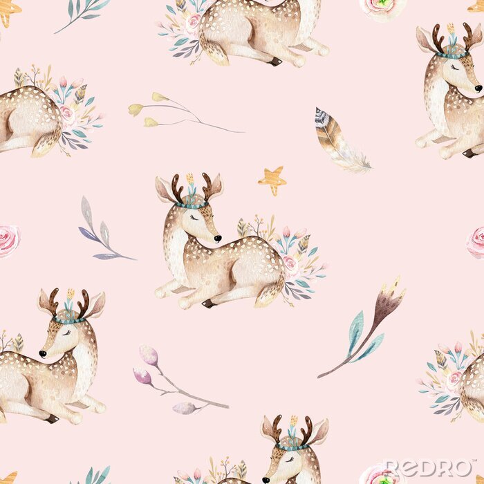 Poster Leuke familie baby raccon, hert en konijn. dierlijke kinderdagverblijfgiraf, en beer geïsoleerde illustratie. Aquarel boho raccon tekening kwekerij naadloze patroon. Kinderen achtergrond, kinderkamer 