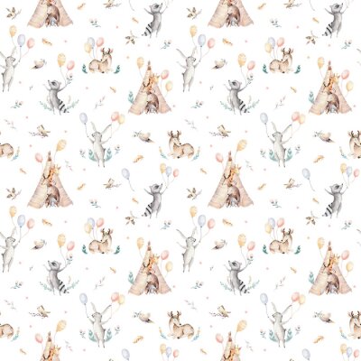 Behang Leuke familie baby raccon, hert en konijn. dierlijke kinderdagverblijfgiraf, en beer geïsoleerde illustratie. Aquarel boho raccon tekening kwekerij naadloze patroon. Kinderen achtergrond, kinderkamer 