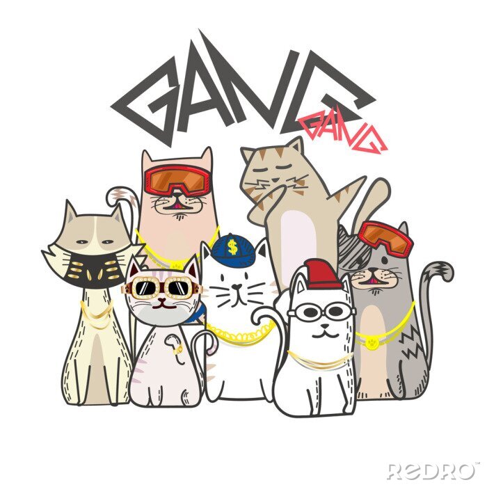 Poster Leuke kattentroep met hand getrokken beeldverhaal. Hip Hop-stijl
