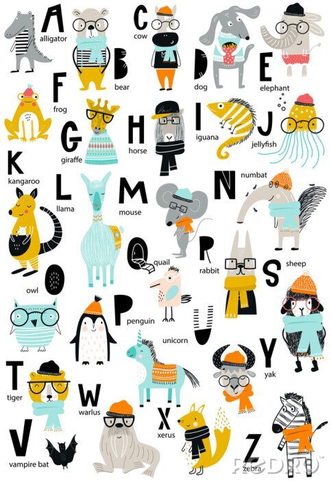 Poster Leuke vector dierentuin alfabet poster met Latijnse letters en tekenfilm dieren. Reeks elementen van kinderenabc in Skandinavische stijl