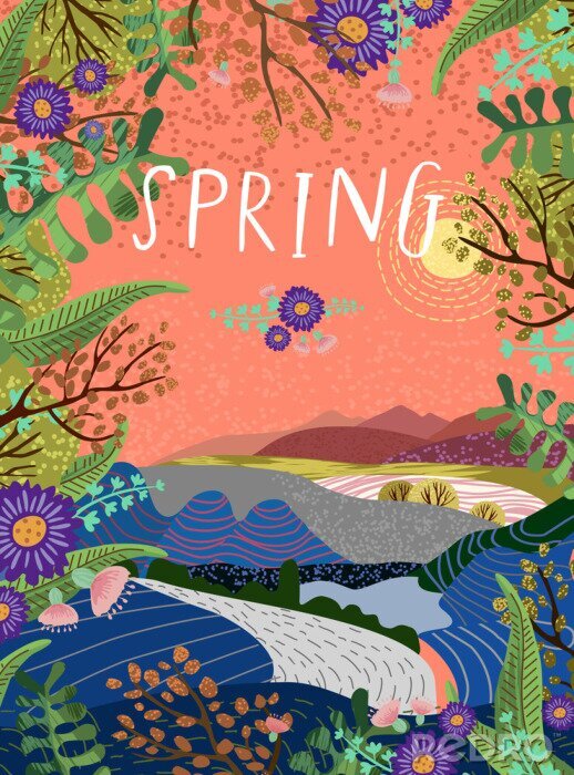 Poster Leuke vectorillustratie van de lentetijd, mooi landschap met lucht, zon, weg en open plek omringd door bloemen, planten en bomen.