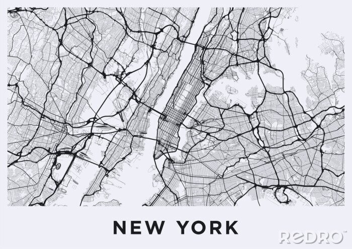 Poster Licht New York City kaart. Routekaart van New York (Verenigde Staten). Zwart en wit (licht) illustratie van New York straten. Transportnetwerk van de Big Apple. Afdrukbaar posterformaat (album).