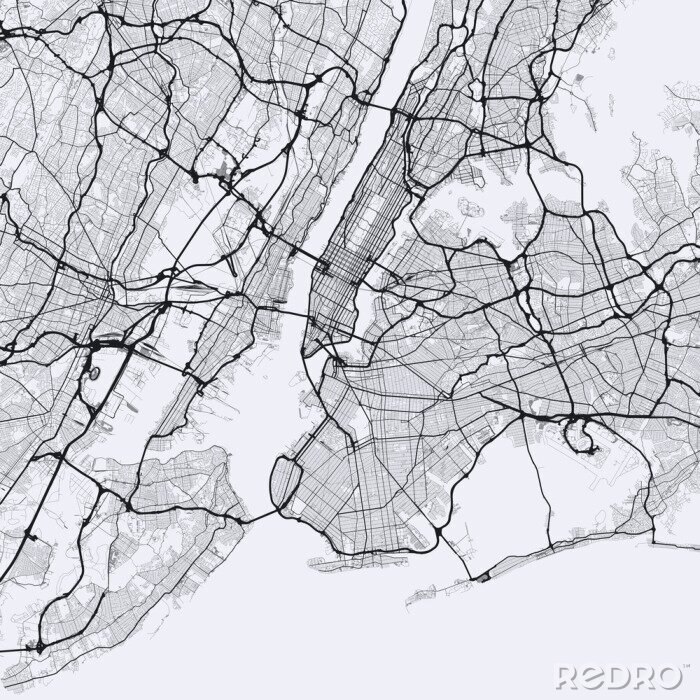 Poster Licht New York City kaart. Routekaart van New York (Verenigde Staten). Zwart en wit (licht) illustratie van New York straten. Transportnetwerk van de Big Apple. Vierkant formaat.