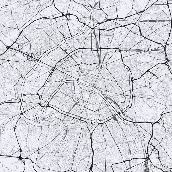 Poster Licht Parijs stadsplattegrond. Routekaart van Parijs (Frankrijk). Zwart en wit (licht) illustratie van de straten van Parijs. Vierkant formaat.