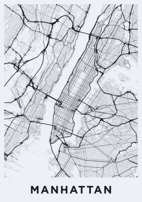 Light Manhattan (New York) kaart. Wegenkaart van Manhattan (NYC). Zwart en wit (licht) illustratie van de straten van Manhattan. Vervoersnetwerk van Manhattan. Afdrukbaar posterformaat (portret).