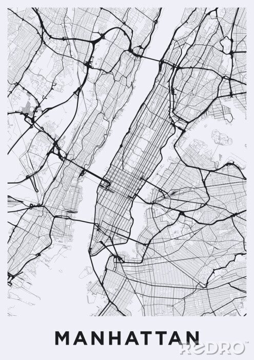 Poster Light Manhattan (New York) kaart. Wegenkaart van Manhattan (NYC). Zwart en wit (licht) illustratie van de straten van Manhattan. Vervoersnetwerk van Manhattan. Afdrukbaar posterformaat (portret).