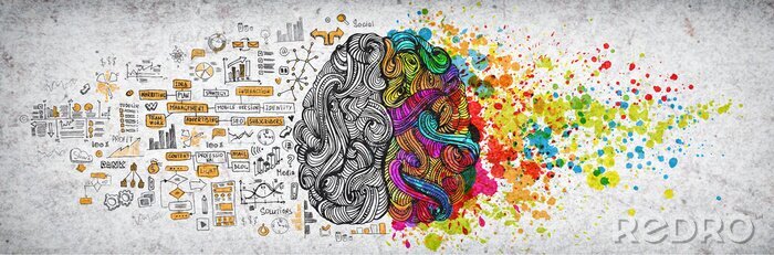 Poster Links rechts menselijk breinconcept, geweven illustratie. Creatief linker- en rechterdeel van menselijk brein, emotionele en logische delenconcept met sociale en zakelijke doodleillustratie van linker