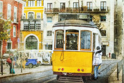 Poster Lissabon gele retro tram