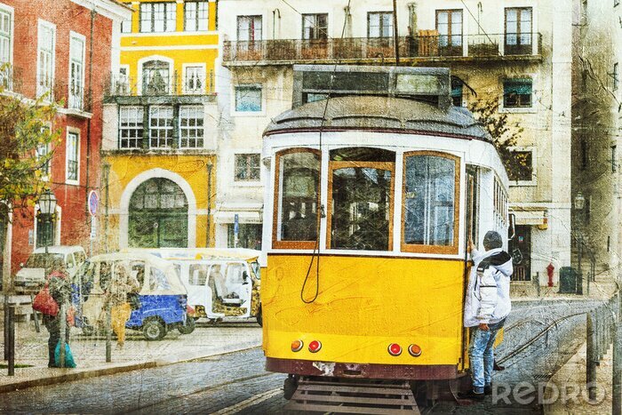 Poster Lissabon gele retro tram