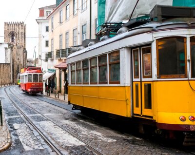 Poster Lissabon Portugal trams op straat