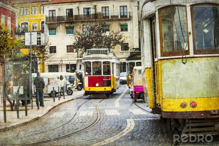 Poster Lissabon vintage trams
