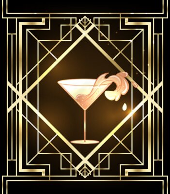 Little party never killed nobody. Female hand holding cocktail glass with splash. Art deco 1920s style vintage invitation template design for drink list, bar menu, glamour event, thematic wedding.