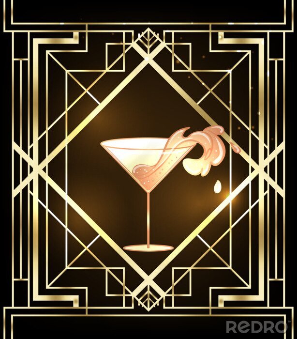 Poster Little party never killed nobody. Female hand holding cocktail glass with splash. Art deco 1920s style vintage invitation template design for drink list, bar menu, glamour event, thematic wedding.
