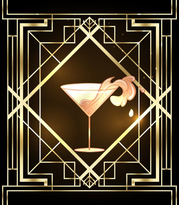 Poster Little party never killed nobody. Female hand holding cocktail glass with splash. Art deco 1920s style vintage invitation template design for drink list, bar menu, glamour event, thematic wedding.
