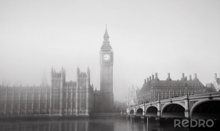 Poster Londen in de mist in zwart-wit
