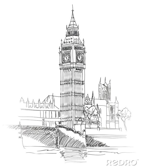Poster Londen Landmark. Landschap van Londen. Big Ben toren. Vector hand getrokken schets Illustratie.