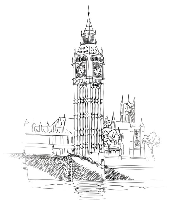 Poster Londen Landmark. Landschap van Londen. Big Ben toren. Vector hand getrokken schets Illustratie.