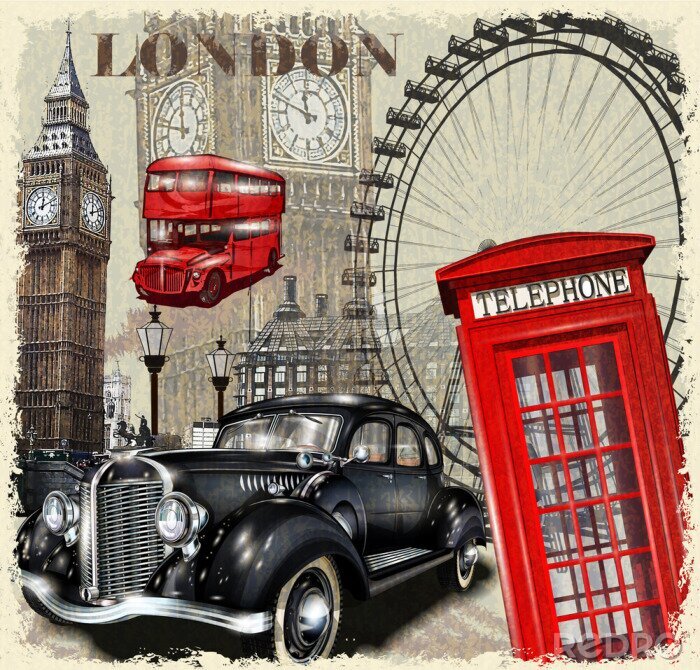 Poster London ansichtkaart met retro auto