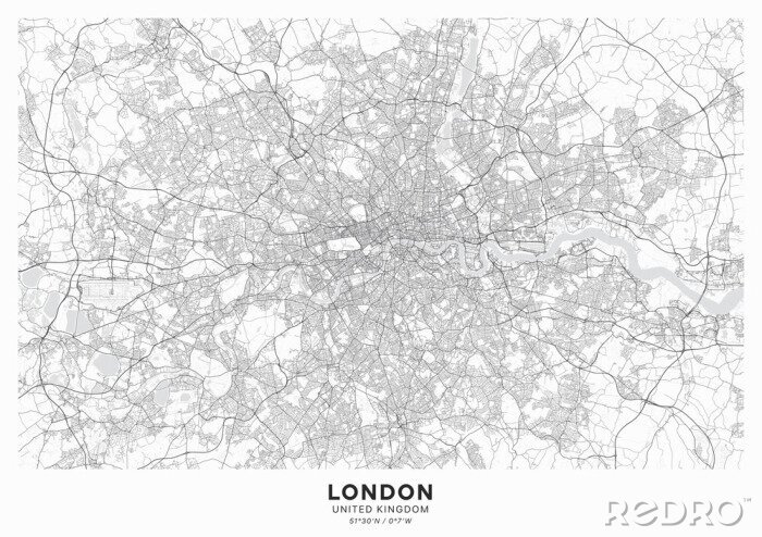 Poster London city map poster. Detailed map of London (United Kingdom). Transport system of the city. Includes properly grouped map features (water objects, railroads, roads etc).
