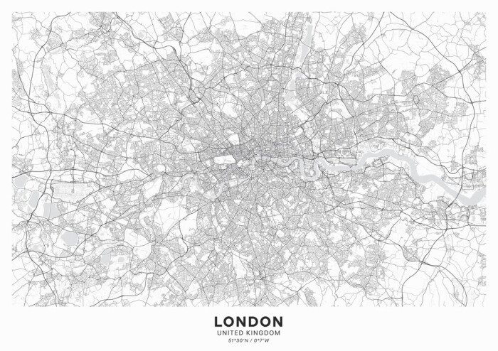 Poster London city map poster. Detailed map of London (United Kingdom). Transport system of the city. Includes properly grouped map features (water objects, railroads, roads etc).