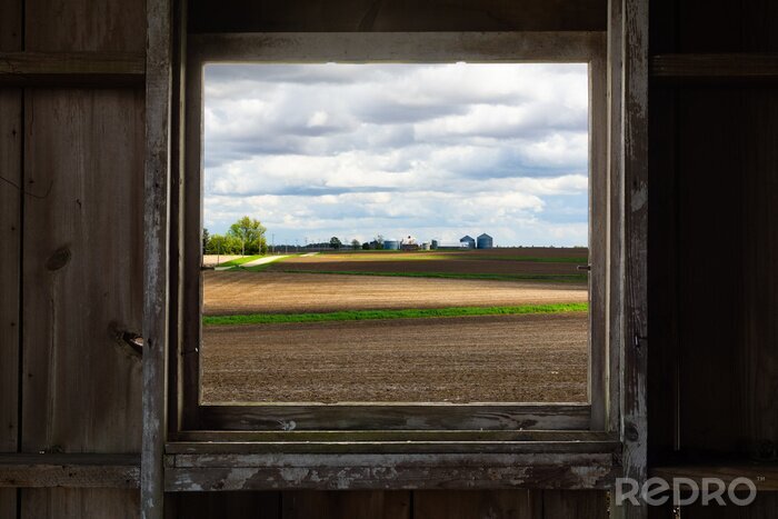 Poster Looking through the old barn window with a view of the open farmland. This morning in Malden, Illinois