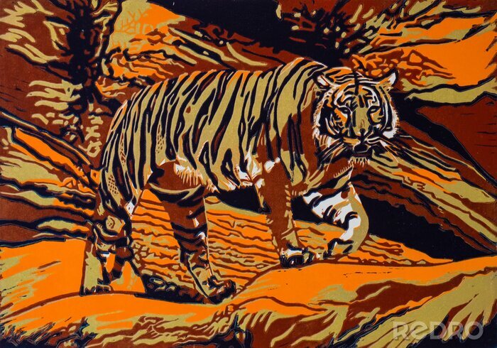 Poster Lopende tijger in bruintinten
