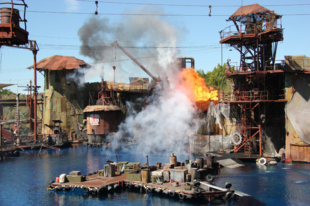 Poster Los Angeles, California, USA - March 12, 2015: Water Stunt Show called Waterworld: A Live Sea War Spectacular at Universal Studios Hollywood