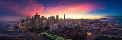 Poster Luchtfoto panoramisch uitzicht van San Francisco Skyline bij zonsondergang