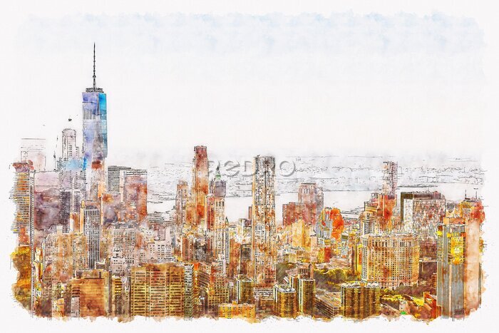 Poster Luchtfoto van Lower Manhattan New York City aquarel
