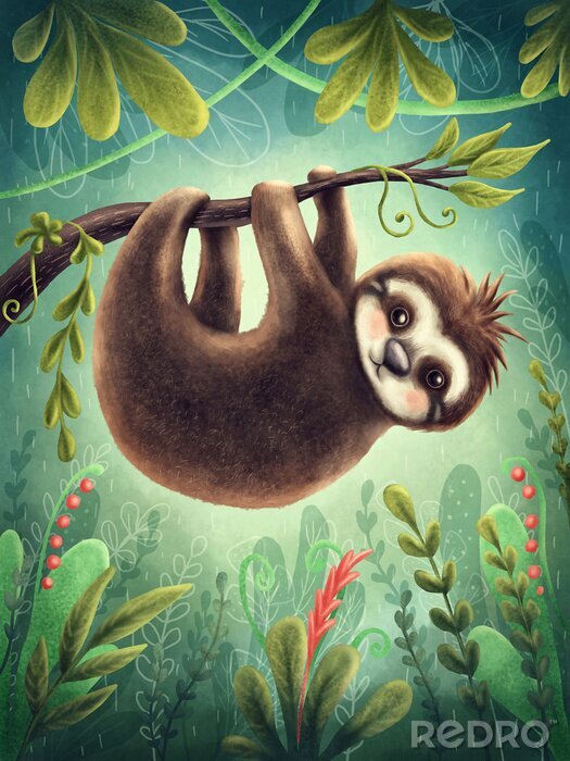 Poster Luiaard in de jungle sprookjesachtige illustratie
