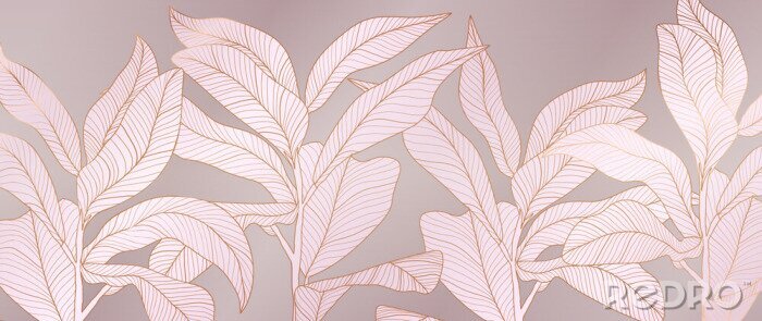 Poster Luxury rose gold and pink floral background vector. Botanical leaves pattern. Golden Wallpaper design with tropical plant line arts, Vector illustration.