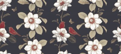 Luxury seamless pattern. Blooming magnolia tree and little cute birds.