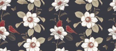 Behang Luxury seamless pattern. Blooming magnolia tree and little cute birds.