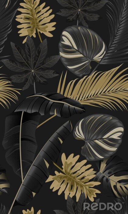Poster Luxury seamless pattern with tropical leaves on dark background