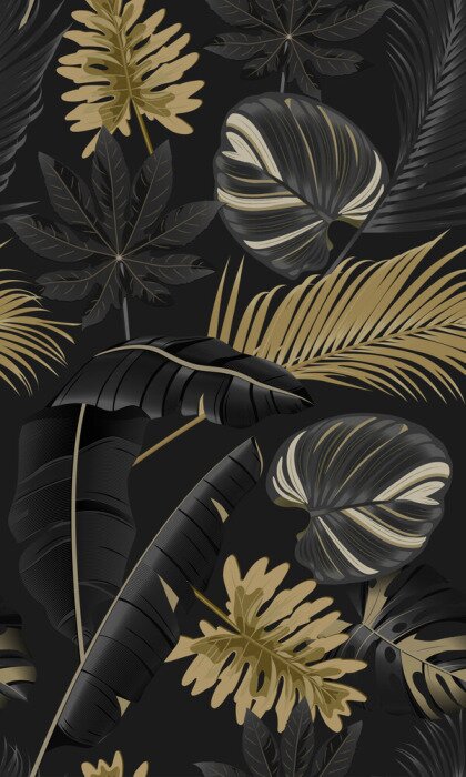 Poster Luxury seamless pattern with tropical leaves on dark background
