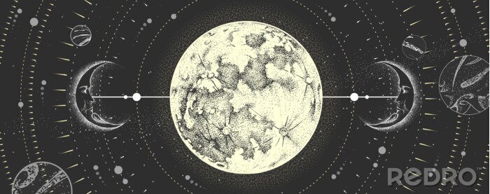 Poster Maan als magisch astrologisch teken in vintage stijl