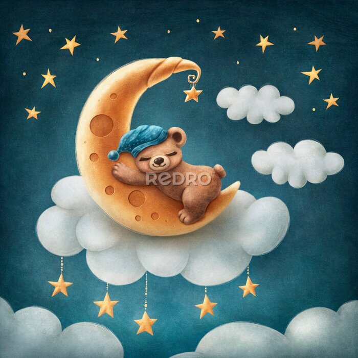 Poster Maan voor kinderen met een slapende teddybeer