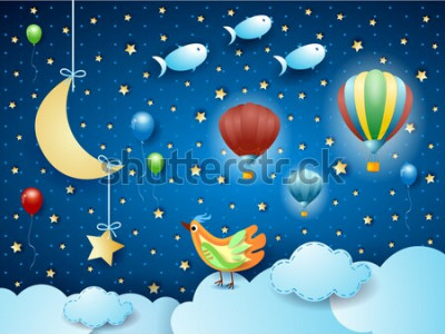Poster Maansterren en ballonnen tussen de wolken